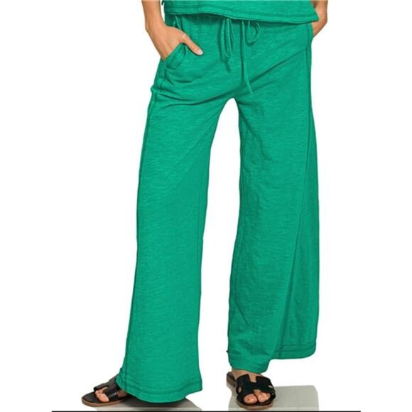 Zenana Cotton Slub Short Sleeve Tee and Pants Set - Picture 1 of 2